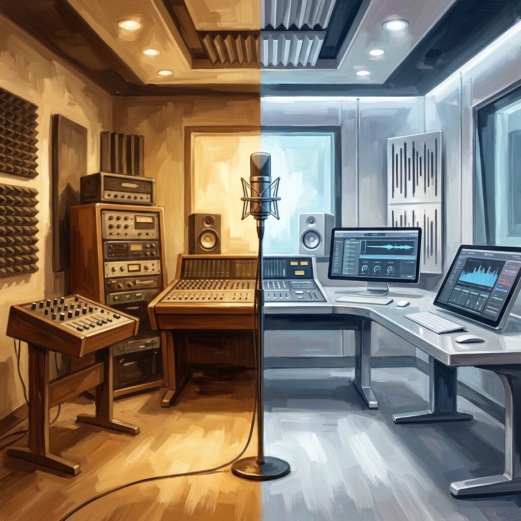 A stylized artistic rendering of a modern recording studio control room with two eras blended together: on the left side, a vintage 2008-era setup with warm analog tones and a small mixing desk; on the right, a sleek contemporary 2021 studio with digital screens and pristine equipment, a microphone stands in the center bridging both eras, the transition from old to new suggested by lighting shifting from warm gold to cool silver, painterly illustration style