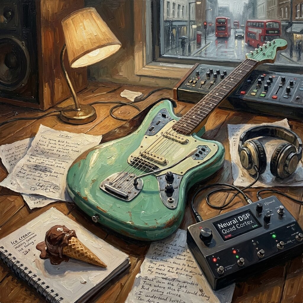 A stylized close-up of a Fender Jaguar electric guitar in seafoam green resting on a messy studio floor, surrounded by scattered handwritten lyric sheets, an ice cream cone melting onto a notebook, a Neural DSP Quad Cortex processor with glowing lights, and a pair of headphones. The scene is lit by a single warm lamp casting dramatic shadows. In the background, a blurred recording console and a window showing a grey London street. The mood is creative chaos — lived-in, not posed. Oil painting style with visible brushstrokes.