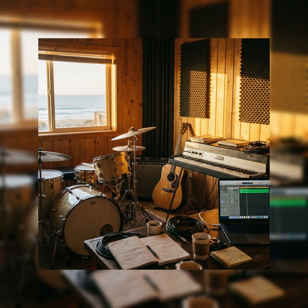 Interior of a small, sunlit recording studio near a beach, afternoon light streaming through a window showing a glimpse of ocean, a drum kit and keyboard and guitar leaning against the wall, Logic Pro on a computer screen, warm golden tones, intimate creative space, slightly cluttered with cables and notebooks, square composition, photorealistic with soft focus edges