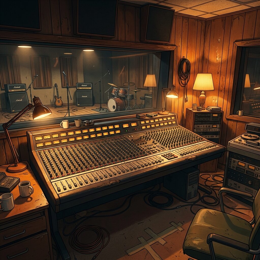 Interior of a legendary recording studio control room from the early 1990s, viewed from behind the mixing desk. A massive vintage analog mixing console with hundreds of knobs and faders dominates the foreground, bathed in warm amber light from desk lamps. Through a large glass window, a dimly lit live room is visible with microphone stands, guitar amplifiers, and a drum kit. Cables snake across the floor. The atmosphere is intimate and workmanlike — not glamorous, but charged with creative energy. Warm tones of wood paneling, brushed metal, and soft overhead lighting. Square format, cinematic illustration style with rich detail.