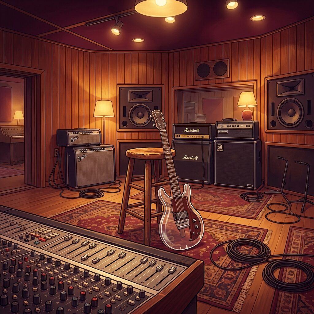 A stylized artistic rendering of a legendary recording studio interior — inspired by Electric Lady Studios in Greenwich Village. Warm, intimate space with wood-paneled walls, vintage Neve console in the foreground, multiple guitar amplifiers along the back wall, a clear plexiglass electric guitar leaning against a stool center-frame. Soft golden light from overhead fixtures, cables on the floor, a pair of large studio monitors. The mood is focused and creative. 1970s aesthetic with rich warm tones — burgundy, amber, dark wood. No text, no recognizable faces.
