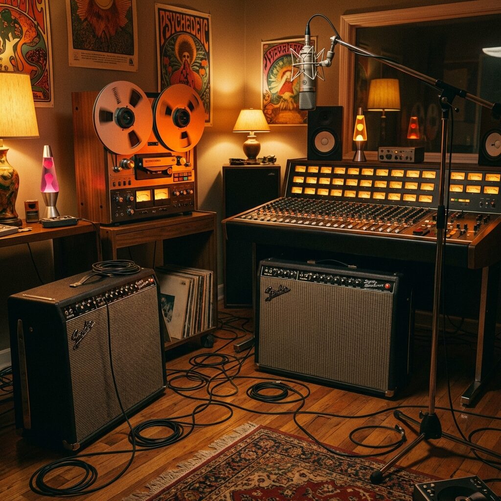 A stylized 1970s recording studio interior: vintage reel-to-reel tape machine with reels spinning, a mixing console with warm glowing VU meters, two Fender amplifiers (blackface Super Reverbs) positioned on the studio floor, cables snaking across hardwood, a single microphone on a boom stand, warm tungsten lighting casting long shadows, intimate atmosphere of a late-night recording session.