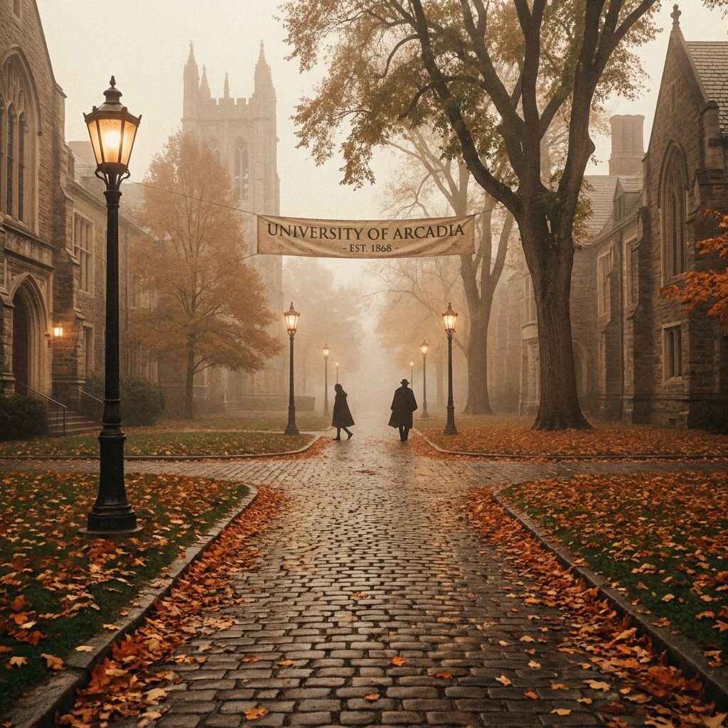 An atmospheric autumn scene of a 1960s American university campus, fallen leaves on cobblestone paths, vintage lampposts casting warm light through misty air, a couple