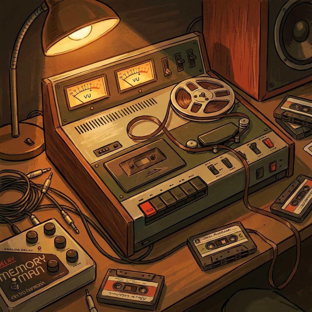 A close-up stylized illustration of a vintage 1970s four-track cassette recorder on a cluttered studio desk, surrounded by guitar cables, a delay pedal, and scattered cassette tapes. Warm analog amber lighting from a single desk lamp. The recorder