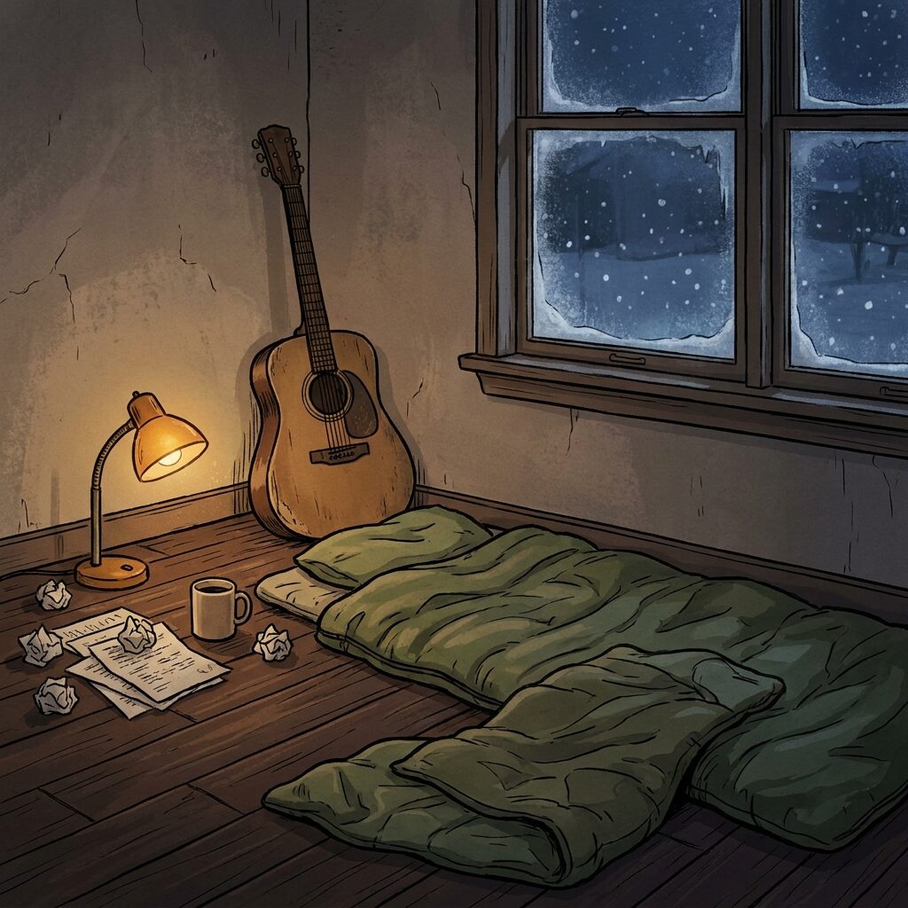 A dimly lit bedroom floor scene from the mid-1990s, a sleeping bag on bare hardwood, an acoustic guitar leaning against the wall, a small lamp casting warm amber light, a coffee mug and scattered papers nearby, winter night visible through a window with frost on the glass, intimate and melancholy mood, muted earth tones, stylized illustration quality