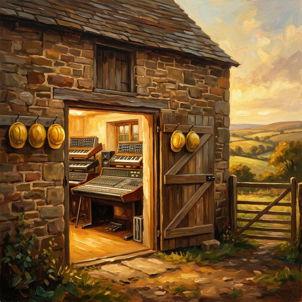 A stylized artistic rendering of a rustic stone barn converted into a recording studio, warm interior lighting spilling from the doorway, vintage synthesizers and an SSL mixing desk visible inside, yellow construction hard hats hanging on hooks by the door, rolling English countryside in the background, late afternoon light, painterly quality with rich earth tones and golden highlights