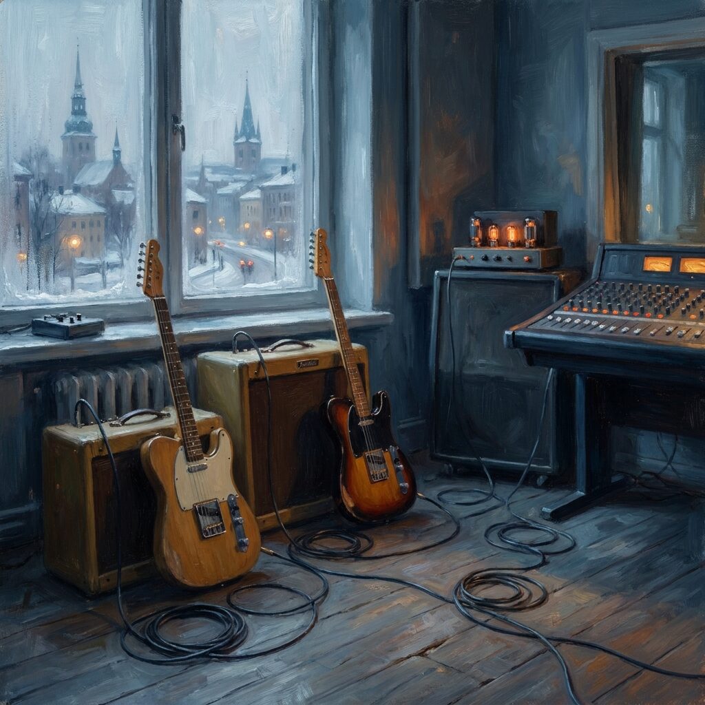 Interior of a dimly lit recording studio in winter, condensation on windows showing a cold Nordic cityscape outside, two Fender Telecaster guitars leaning against amplifiers, a mixing console with warm amber indicator lights glowing, cables coiled on a wooden floor, the scene has a moody blue-grey color palette with warm spots from tube amp glow and console lights, atmospheric and intimate, painted in a slightly impressionistic style