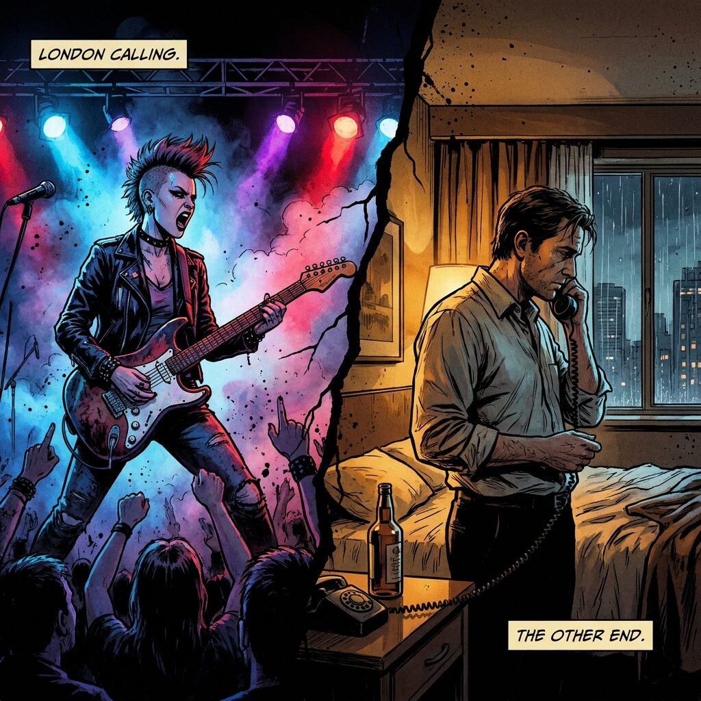 A stylized split-composition illustration: on one side, a woman with a punk aesthetic playing electric guitar on a dark London stage with harsh stage lights, on the other side, a solitary male figure holding a telephone receiver in a dim hotel room, a crack running down the center dividing the two scenes, moody blues and warm ambers, graphic novel style