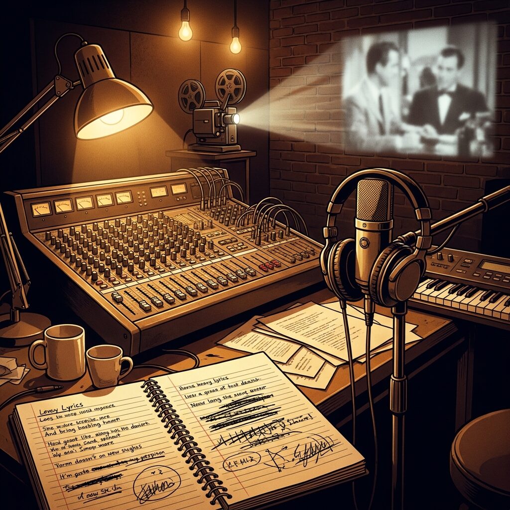 A stylized recording studio scene from 2004, warm lighting illuminating a large mixing console covered in knobs and faders. A notebook lies open with crossed-out lyrics and rewrites visible. In the background, a film reel projects light onto the wall suggesting a movie screening. Vintage microphone on a stand, headphones draped over it. The mood is creative chaos — papers scattered, coffee cups, a piano keyboard partially visible. Rich amber tones with deep shadows. Square format, artistic illustration style.
