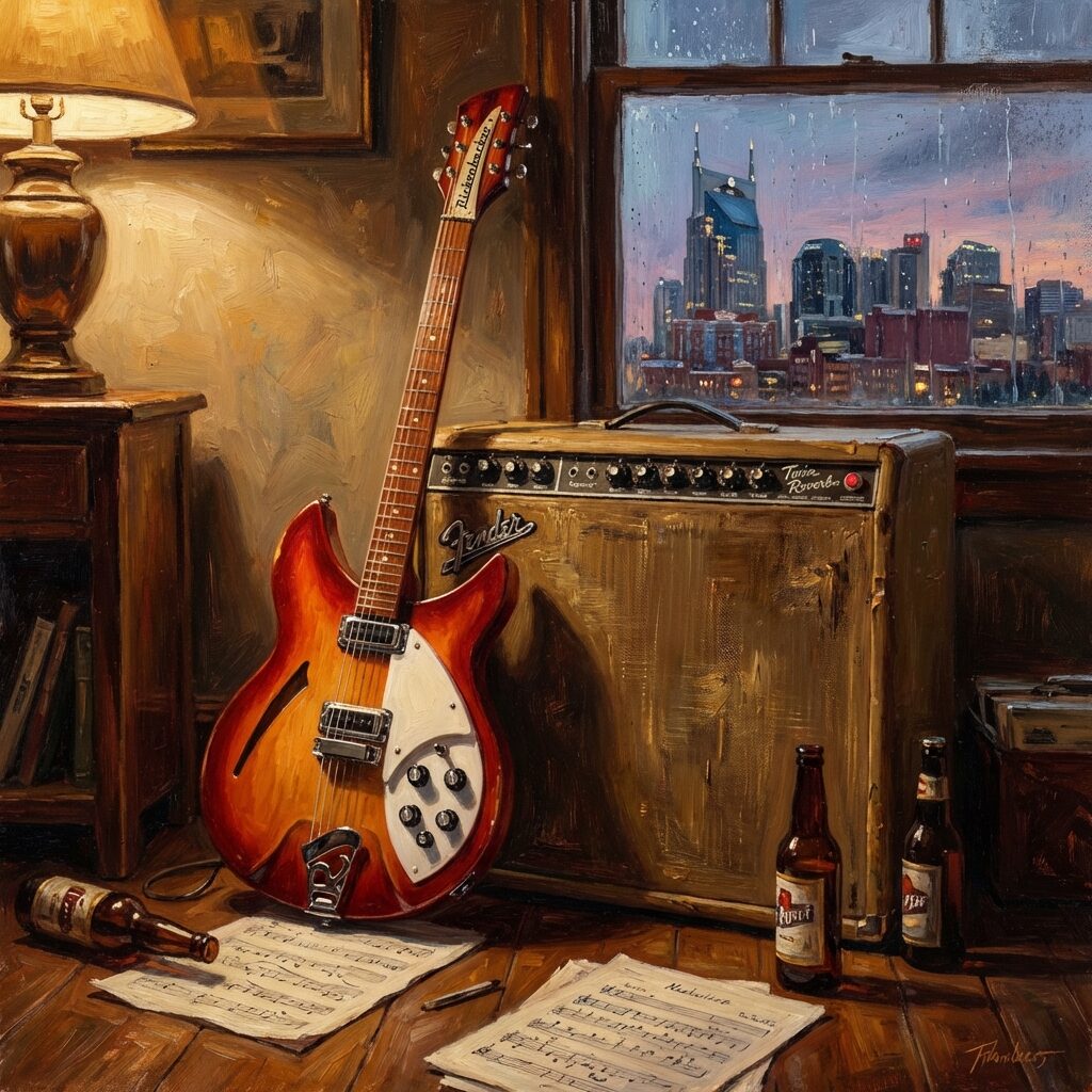 A stylized artistic rendering of a young musician sitting alone in a dimly lit Nashville apartment, playing an electric guitar with a vintage Rickenbacker shape. A warm lamp casts a golden glow. Through the window, the Nashville skyline is visible at twilight. On the floor nearby, a few vinyl records are scattered. The mood is intimate and bittersweet — creation born from heartache. Warm amber tones contrast with cool blue twilight outside.