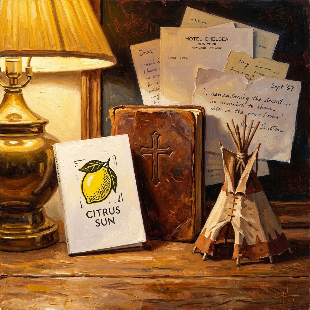 A stylized artistic still life of three objects arranged on a wooden table: a small white paperback book with a simple citrus fruit on its cover, an old leather-bound prayer book with a cross, and a small traditional tipi model. Behind them, scattered hotel stationery and handwritten note fragments. Warm golden lamplight from the left. Painterly style with rich textures, evoking the late 1960s. Square composition, intimate and contemplative mood.