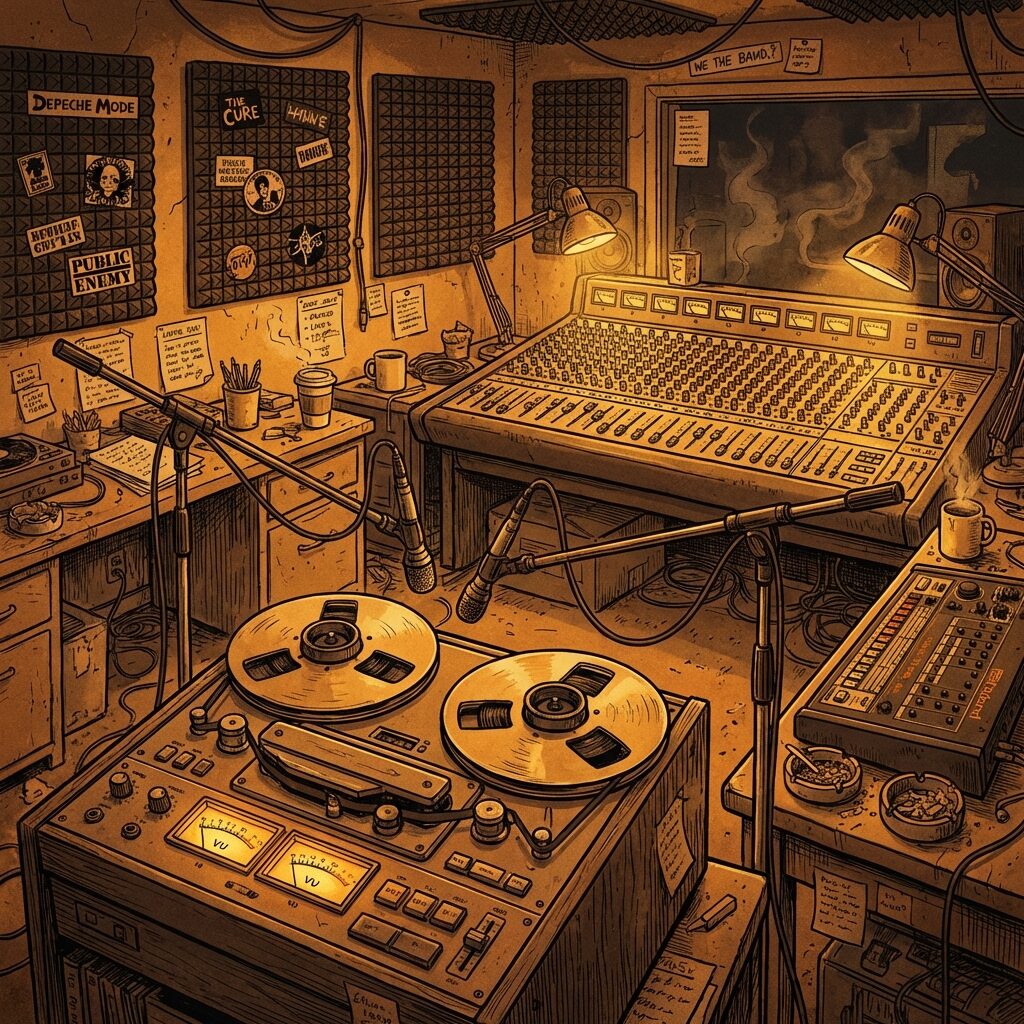 Interior of a cramped mid-1980s recording studio with warm amber lighting. A large reel-to-reel tape machine dominates the foreground, magnetic tape visibly threaded around multiple microphone stands positioned across the room in an improvised loop. A massive analog mixing console with dozens of faders fills the background. Cables snake across the floor. The walls are covered in acoustic foam and band stickers. A Roland TR-808 drum machine sits on a side table. The mood is creative chaos, late-night energy. Illustrated in a detailed, slightly gritty artistic style.