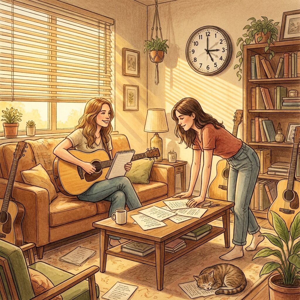 A stylized artistic scene of two female songwriters working together in a warm Nashville writing room, one with an acoustic guitar and a notebook, scattered lyric sheets on a coffee table, late afternoon sunlight through venetian blinds, a clock on the wall suggesting the passing of two hours, cozy creative energy, vintage-toned illustration with soft golden light