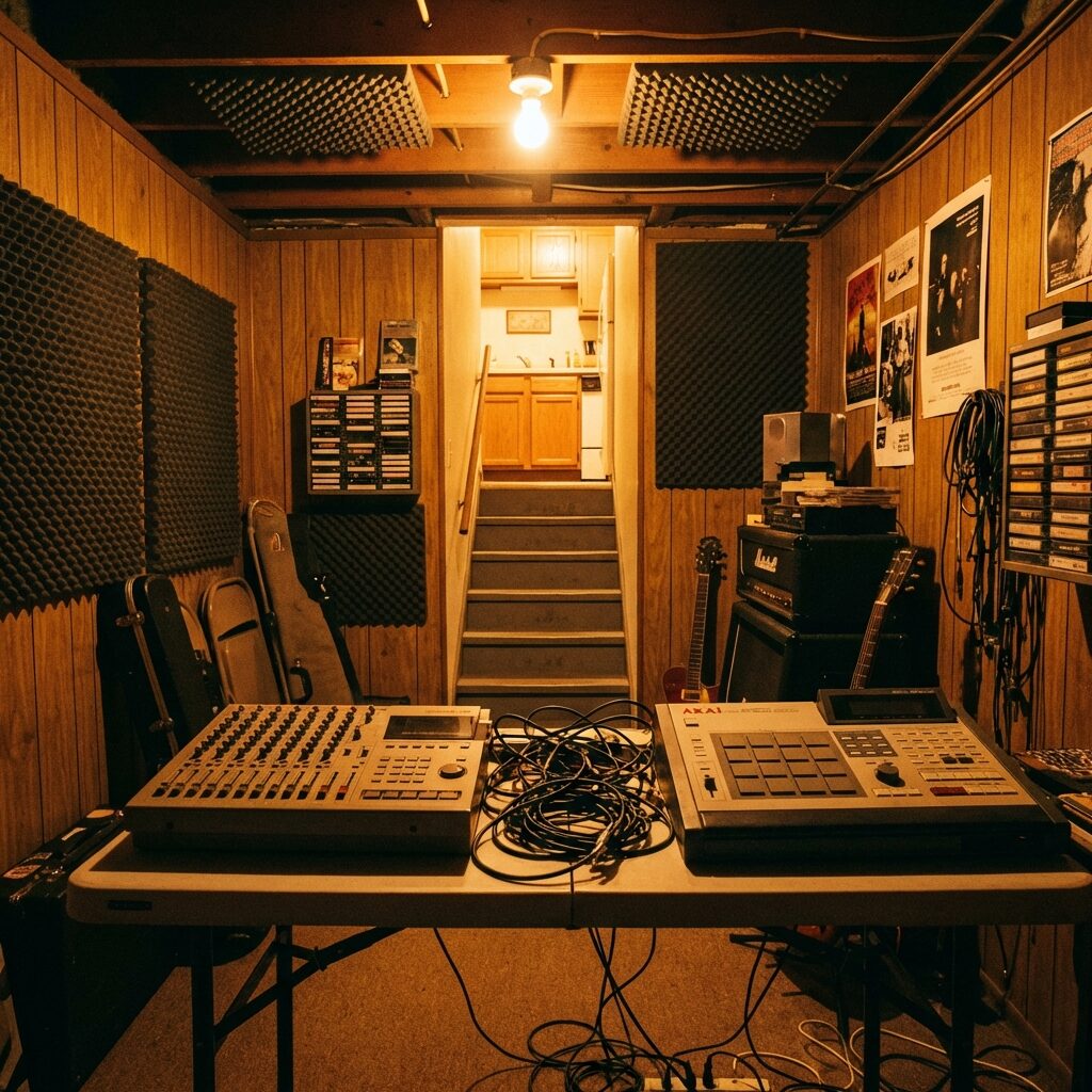 A stylized interior of a cramped basement recording studio in the mid-1990s, warm amber light from a single overhead bulb, vintage recording equipment including a Tascam multitrack recorder and an MPC drum machine on a folding table, cables snaking across a concrete floor, acoustic foam haphazardly stapled to wood-paneled walls, a narrow staircase visible in the background leading up to a kitchen with warm light spilling down, intimate and lived-in atmosphere, square composition