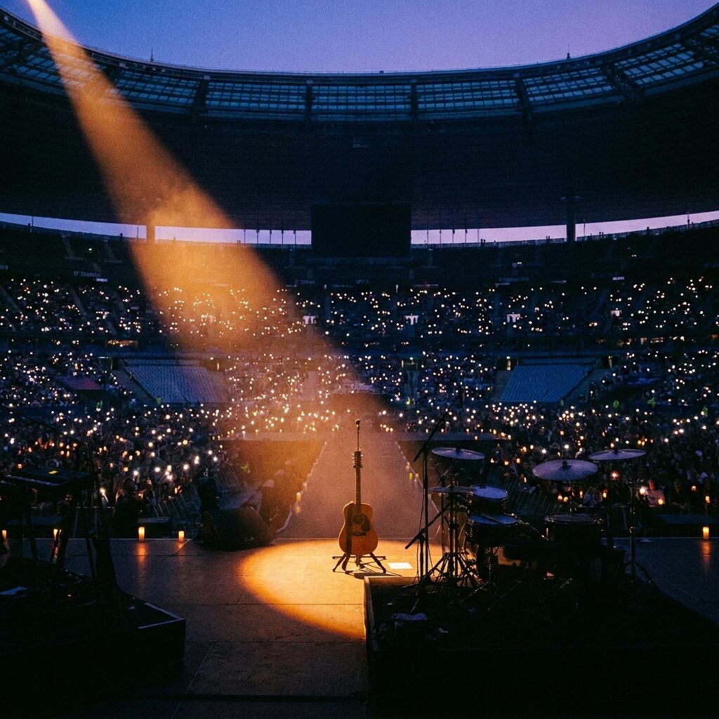 A vast empty stadium at twilight, a single spotlight illuminating a lone acoustic guitar on a stand at center stage, 70,000 empty seats stretching into the distance with scattered candles or phone lights glowing in the stands, a drum kit silhouetted in shadow behind the guitar, deeply emotional atmosphere, blue and purple tones with warm amber spotlight, no identifiable faces or text