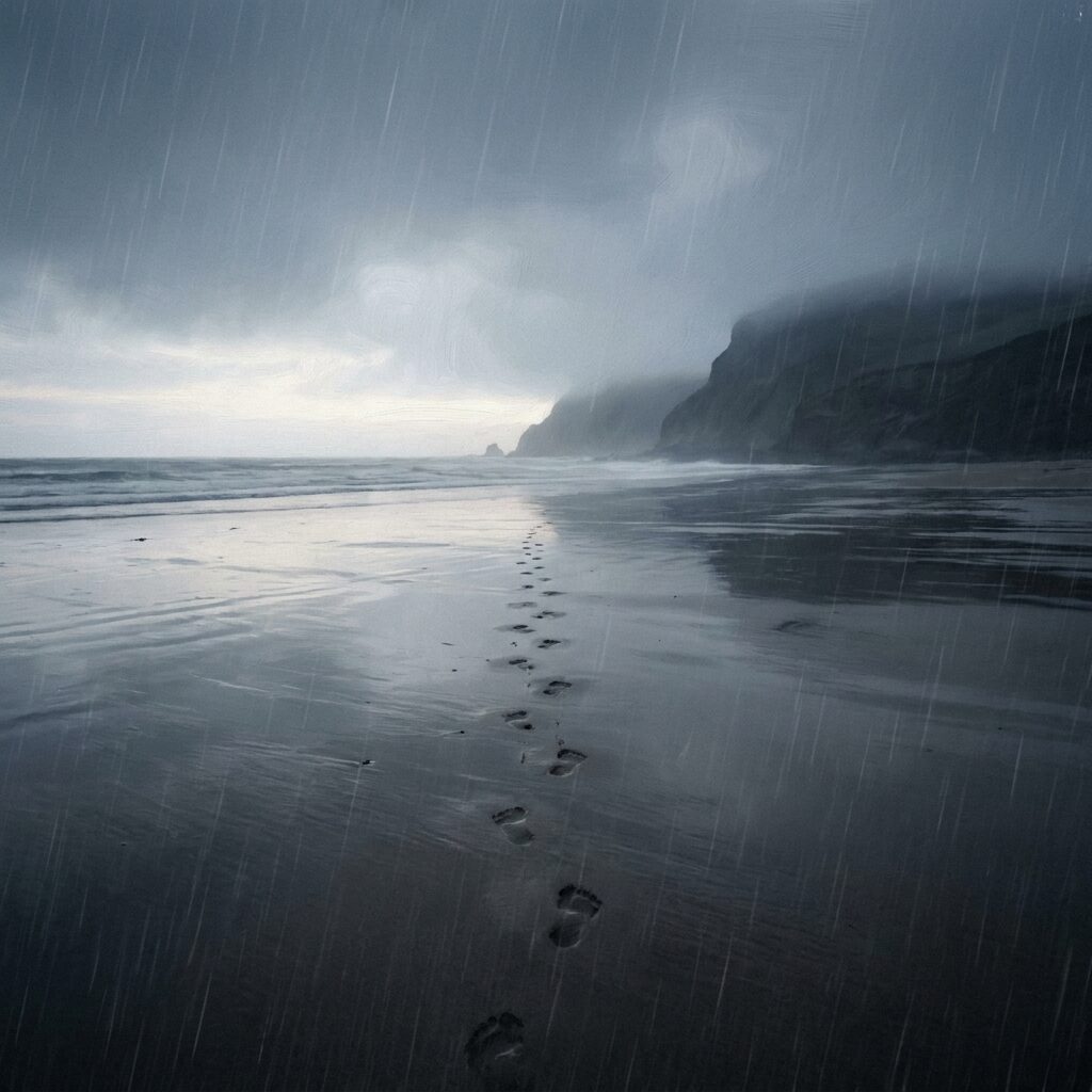 A grey empty British beach under heavy rain, wet sand reflecting a silvered overcast sky, a single trail of footprints leading into distant fog, no people visible, cinematic wide shot, moody cold palette of slate blues and greys, suggestion of dawn breaking at the horizon, painterly realism