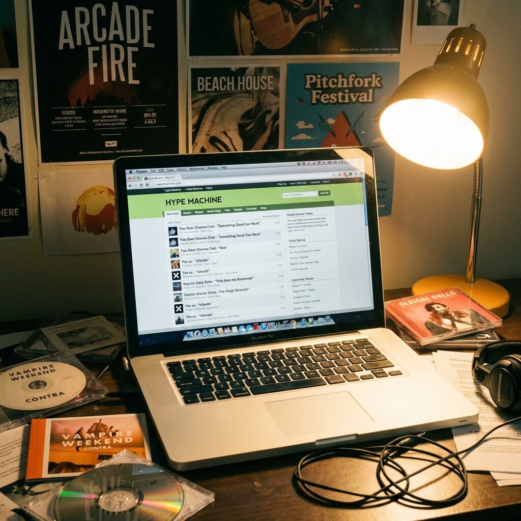 A stylized laptop screen showing a music blog circa 2010, Hype Machine interface visible, surrounded by scattered promotional CDs and headphones on a desk, warm incandescent desk lamp lighting, indie music posters on the wall behind, nostalgic early-2010s internet aesthetic, square composition, slightly desaturated vintage color palette with warm highlights