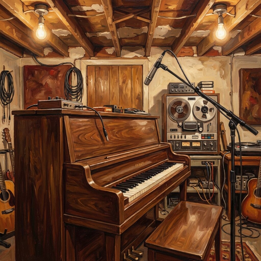 A stylized painting of a walnut-finished upright piano in a converted home recording studio, circa 1971. Vintage eight-track tape machine visible in the background. Exposed ceiling showing signs of repair. Warm incandescent lighting from bare bulbs. A microphone on a boom stand positioned near the piano. The feeling is intimate and workmanlike, not glamorous. Rich brown and amber tones. Square composition, painterly brushwork style evoking 1970s warmth.