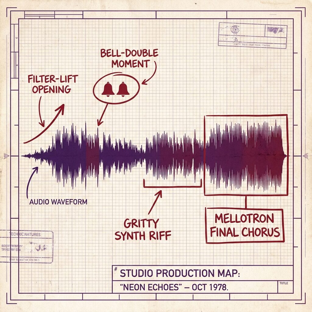 An annotated production-map graphic of a song waveform with callout lines marking the filter-lift opening, a bell-double moment, a gritty synth riff mid-song and a Mellotron final chorus, retro studio diagram style in purple and red tones