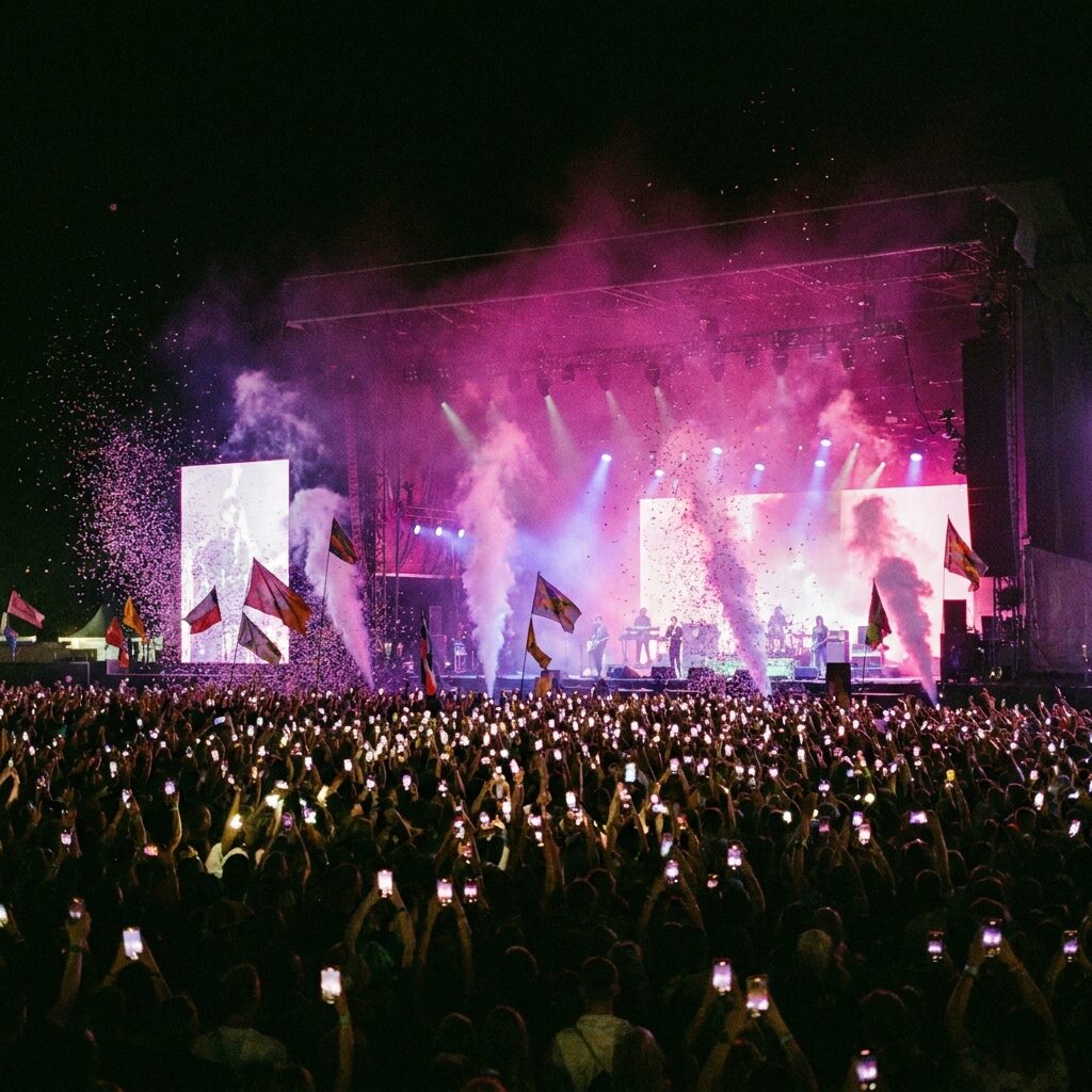 Wide festival-night shot of thousands of phone lights held aloft over a crowd mid-chorus singalong with a stage washed in magenta and violet haze