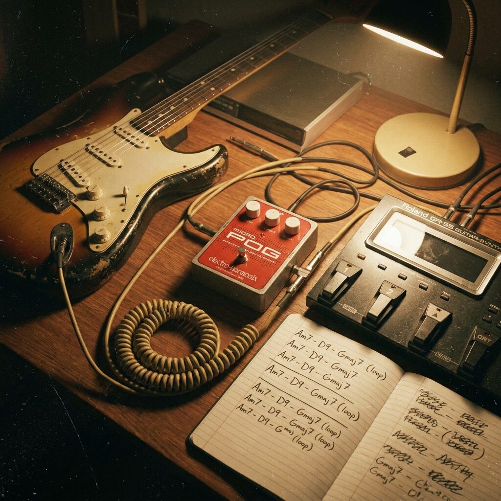 Macro shot of an electric guitar cabled into an octave pedal and a tabletop guitar-synth unit with a scribbled chord-loop notebook nearby, makeshift home-demo rig energy, warm dim light