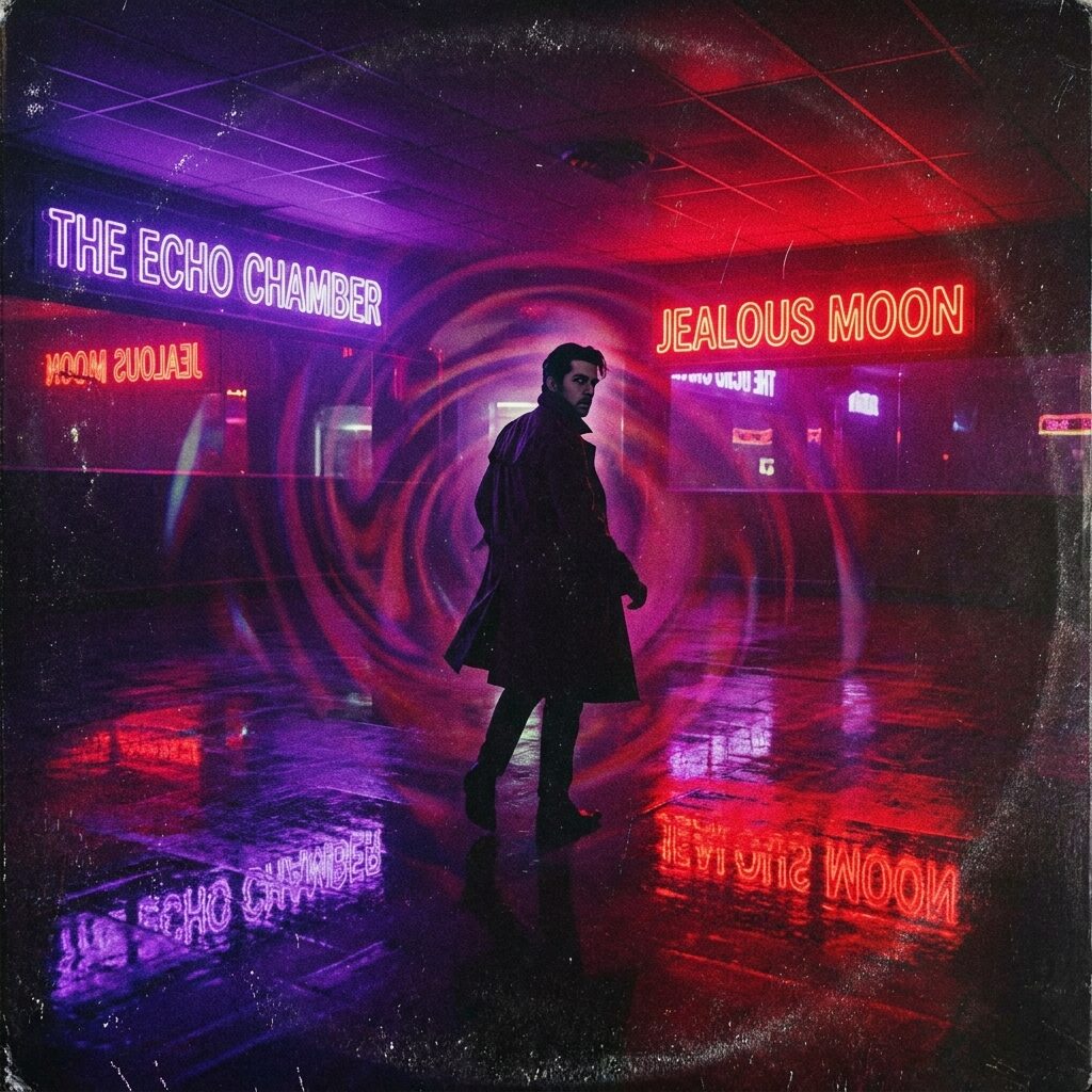 Moody neon-lit empty dancefloor at 2am rendered in deep purples and crimson reds echoing a psychedelic album cover palette, glossy reflections on the floor, a lone silhouette caught mid-turn glancing jealously over one shoulder
