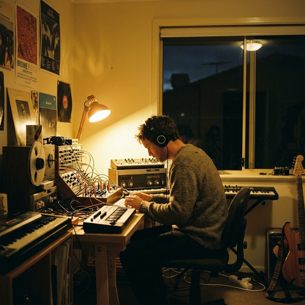 A lone producer hunched over a cluttered home-studio desk crowded with synths, cables and a reel-to-reel tape machine, lit by a single warm lamp, intimate Fremantle bedroom-studio atmosphere at night