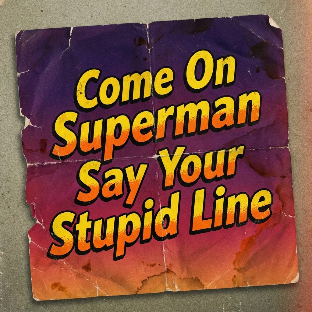 A typographic card styled like a crumpled handwritten note featuring the phrase Come On Superman Say Your Stupid Line in bold retro type against a dusk-gradient purple and red background